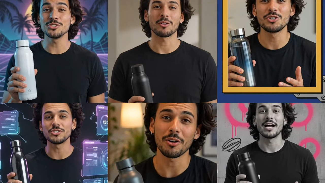One source clip fanning into six finished variations in different styles