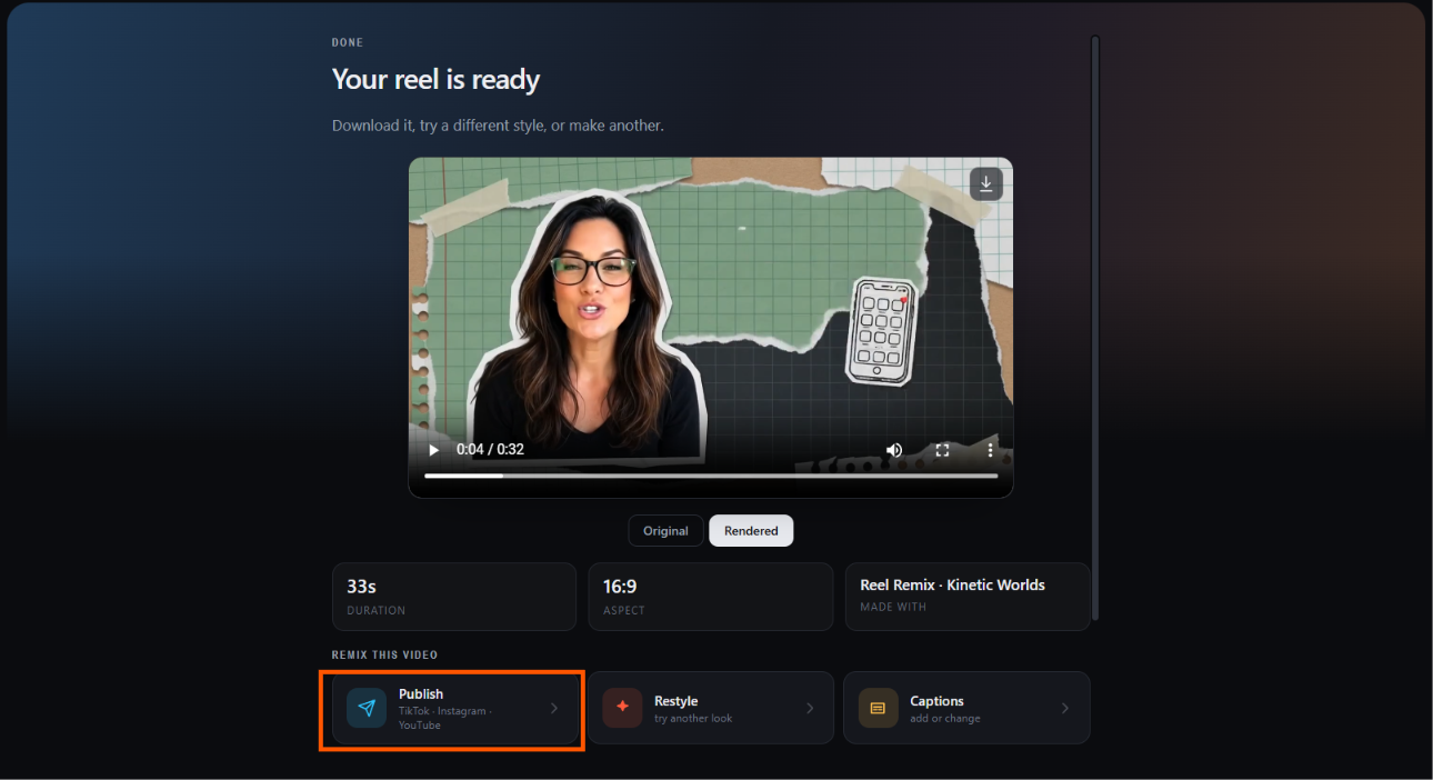 Reel Remix publish dashboard showing direct posting to TikTok and Instagram